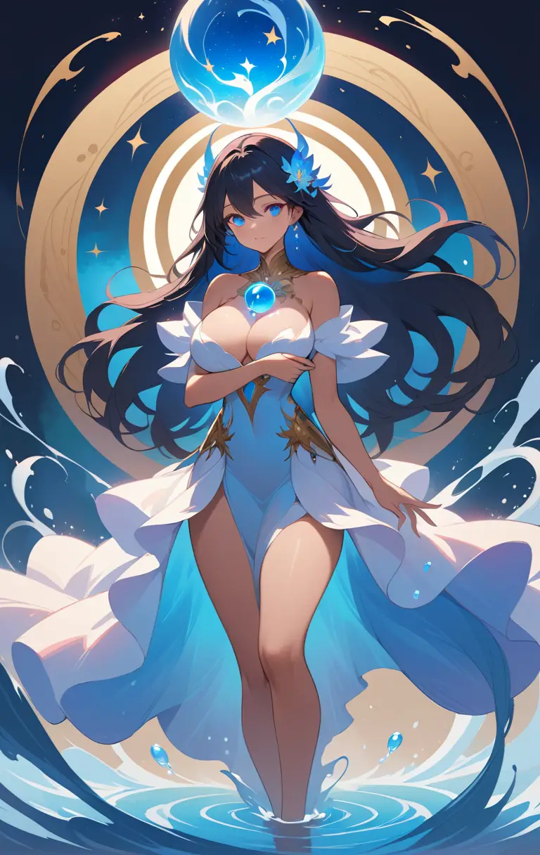 Mystical woman with glowing blue orb and swirling water
