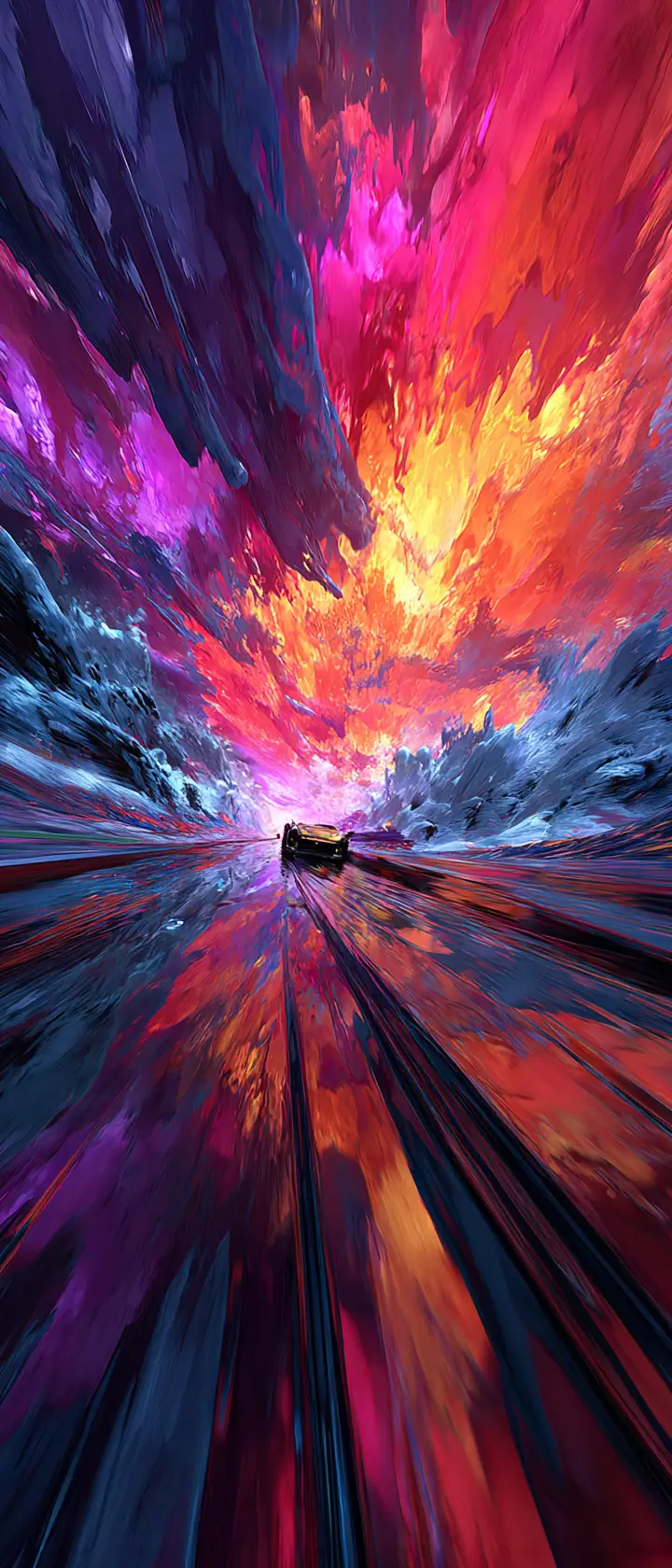Anime racer on hoverboard in liquid color canyon rush