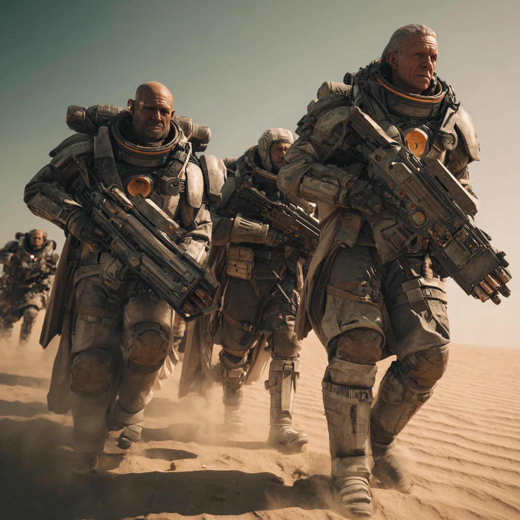 Soldados sci-fi blindados miram smartgun em campo de batalha no deserto