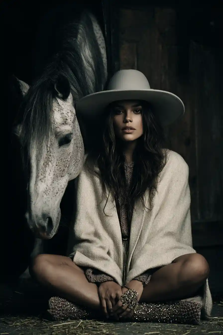Jeune femme avec cheval dans un portrait d’écurie au style sombre