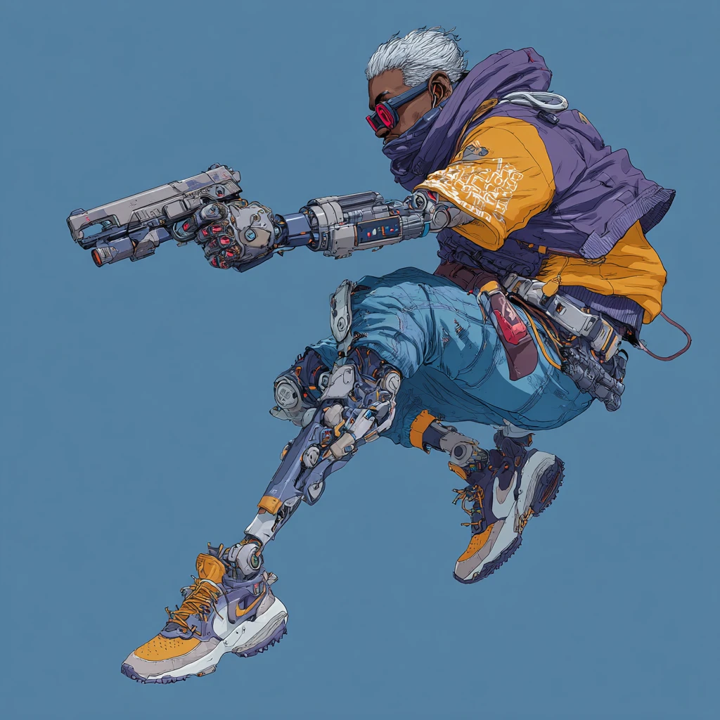 Ciborgue cyberpunk mirando uma pistola em movimento dinâmico