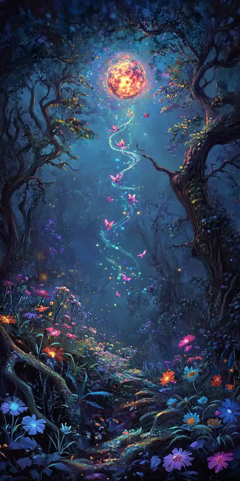 Tiny fairies spiral toward a glowing celestial orb