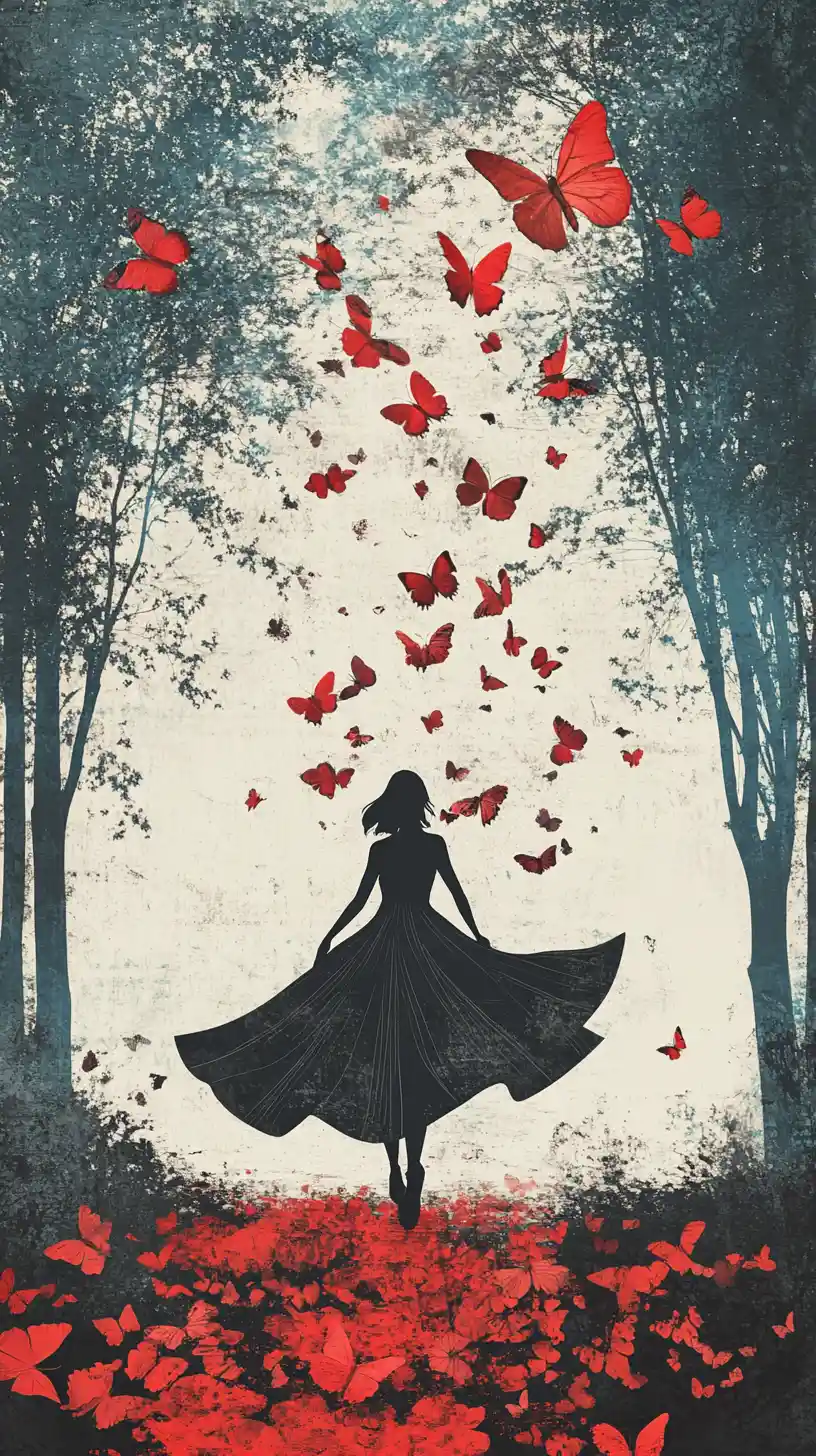 Donna surreale nella foresta con abito che si dissolve in farfalle