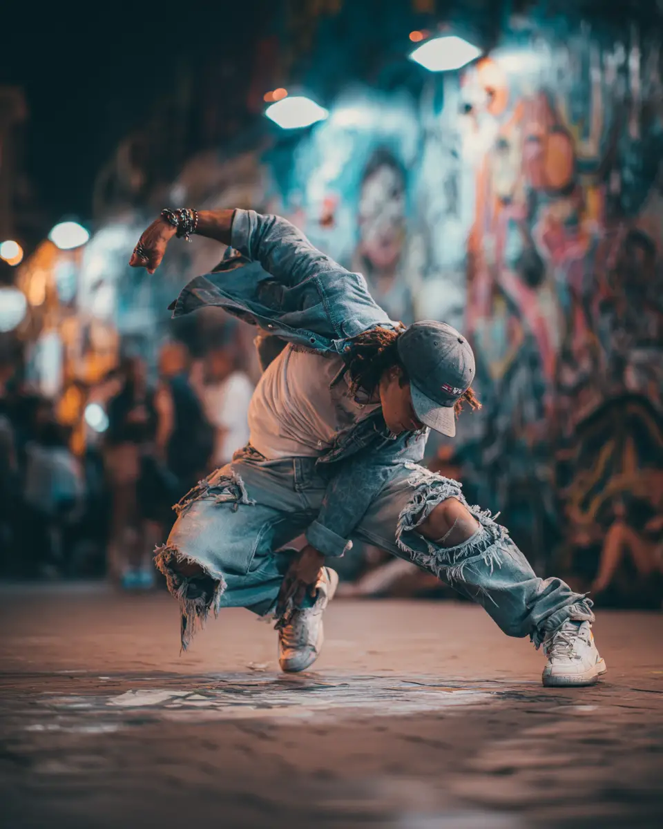 Breakdancer in dynamic freeze pose on urban night plaza