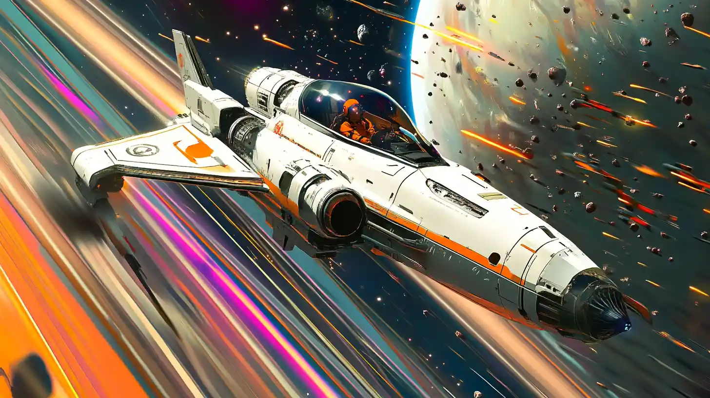 Caccia spaziale bianco che attacca un corazzato alieno in orbita