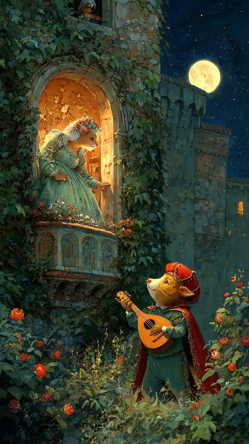 Romantic cat romeo and juliet scene at moonlit castle