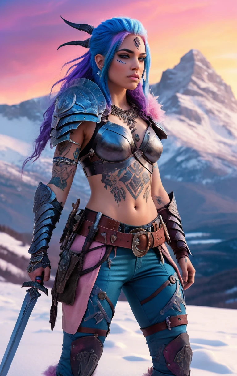 藍髮女戰士立於雪山夕陽下