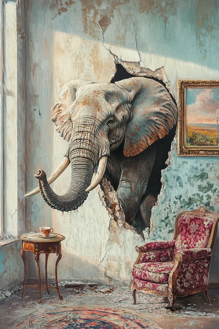 Elefante surreal rompendo uma parede interna pastel deteriorada
