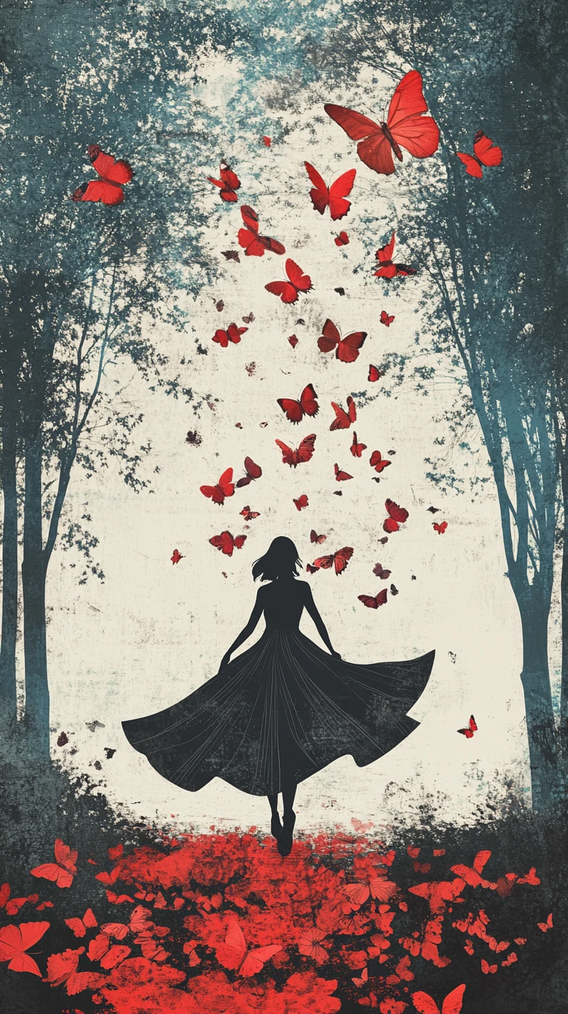 Mulher surreal na floresta com vestido se dissolvendo em borboletas