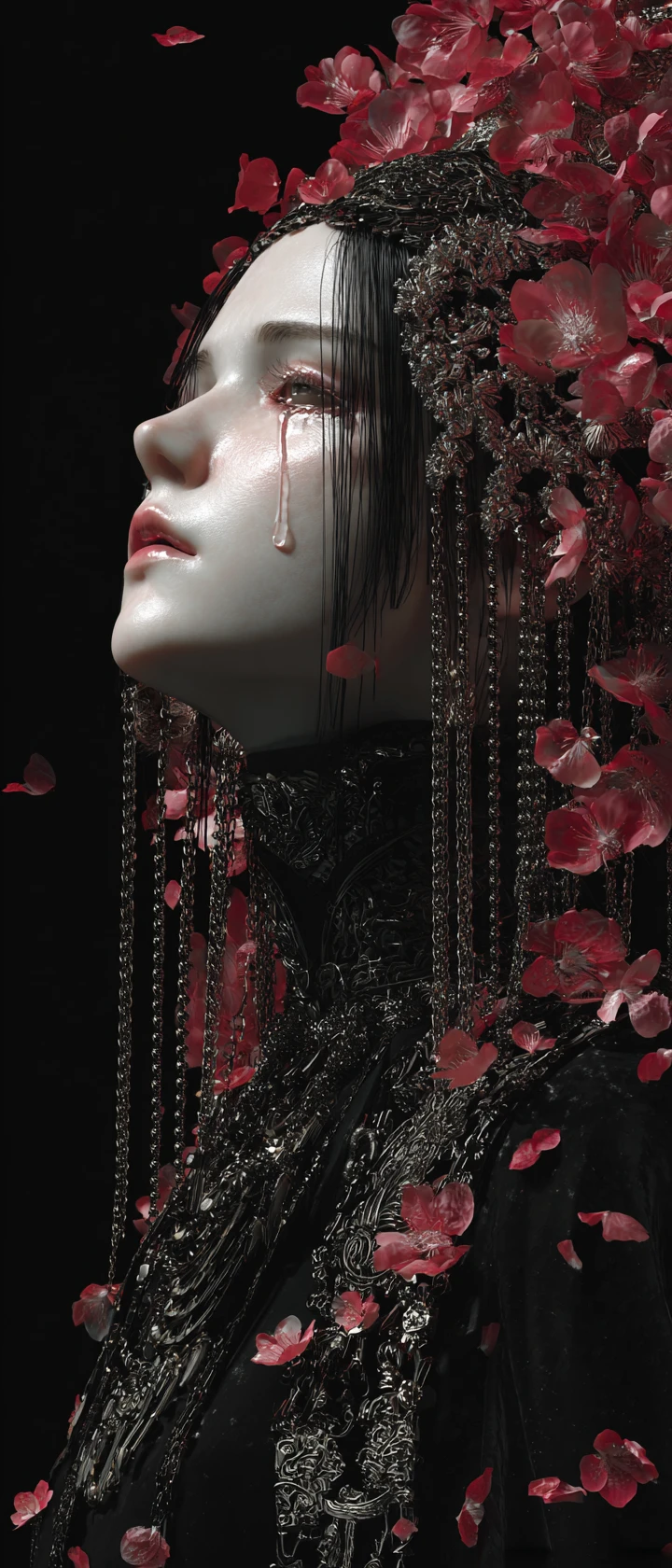 Sorrowful stone woman statue against dark falling petals