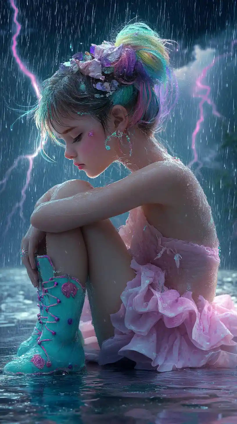 Jeune fille pensive recroquevillée sous la pluie et les nuages d’orage