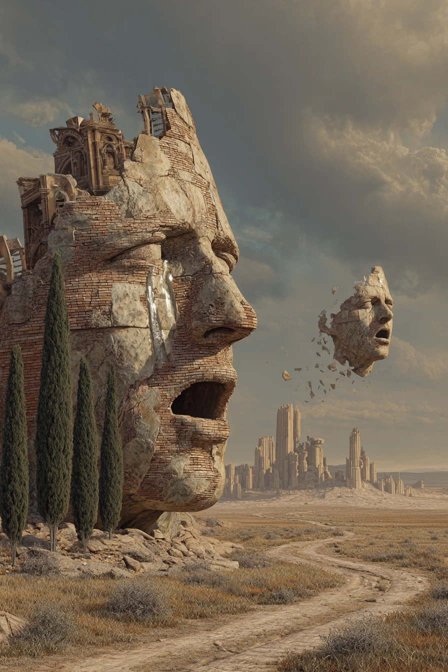 Cabeça de pedra colossal e em ruínas em paisagem desértica surreal