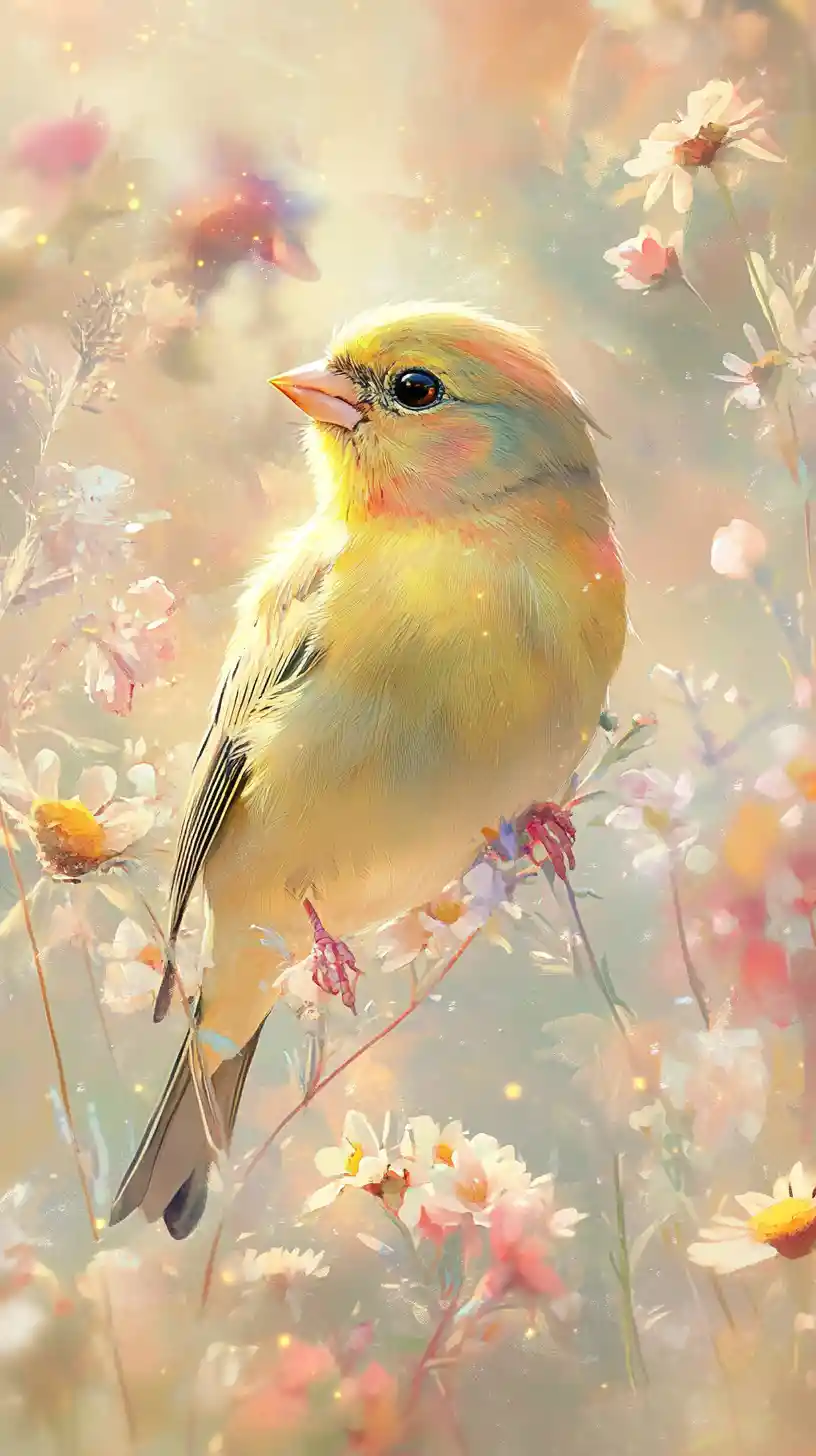 Yellow songbird among dreamy pastel wildflowers illustration