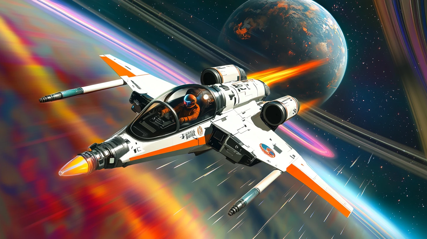 Weißer Raumjäger greift außerirdisches Dreadnought im Orbit an
