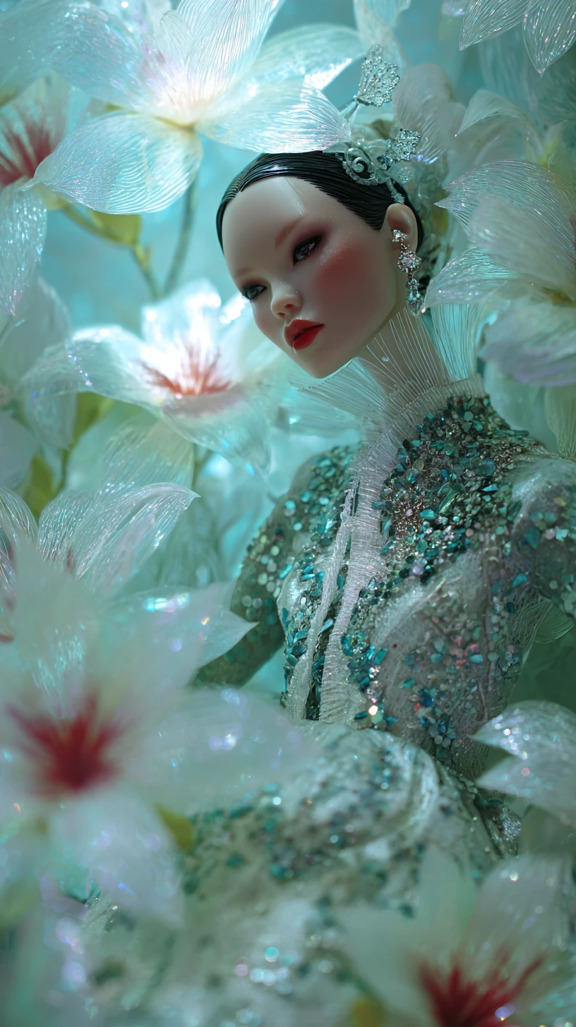 Mulher de alta-costura surgindo de flores brancas iridescentes e luminosas