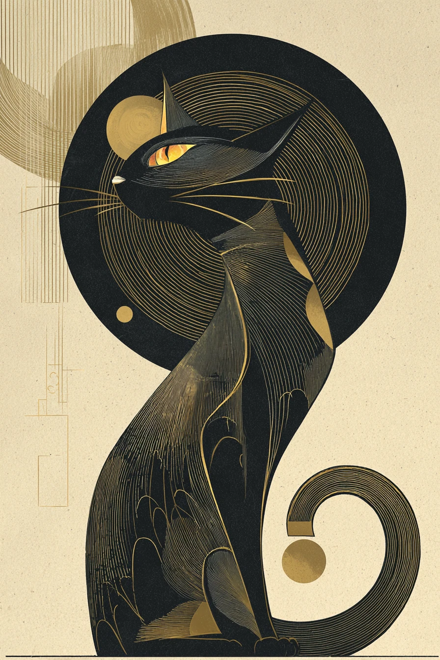 Gato elegante preto e dourado em perfil estilizado art déco