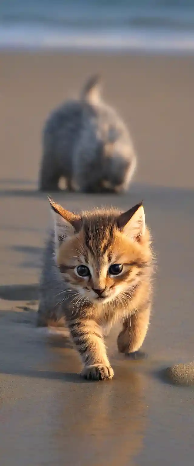Curious kitten walking along a calm dawn shoreline