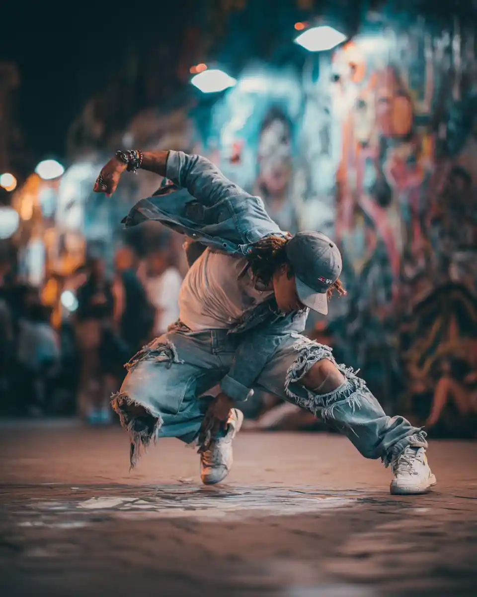 Ballerino di breakdance in dinamica freeze pose in una piazza urbana notturna