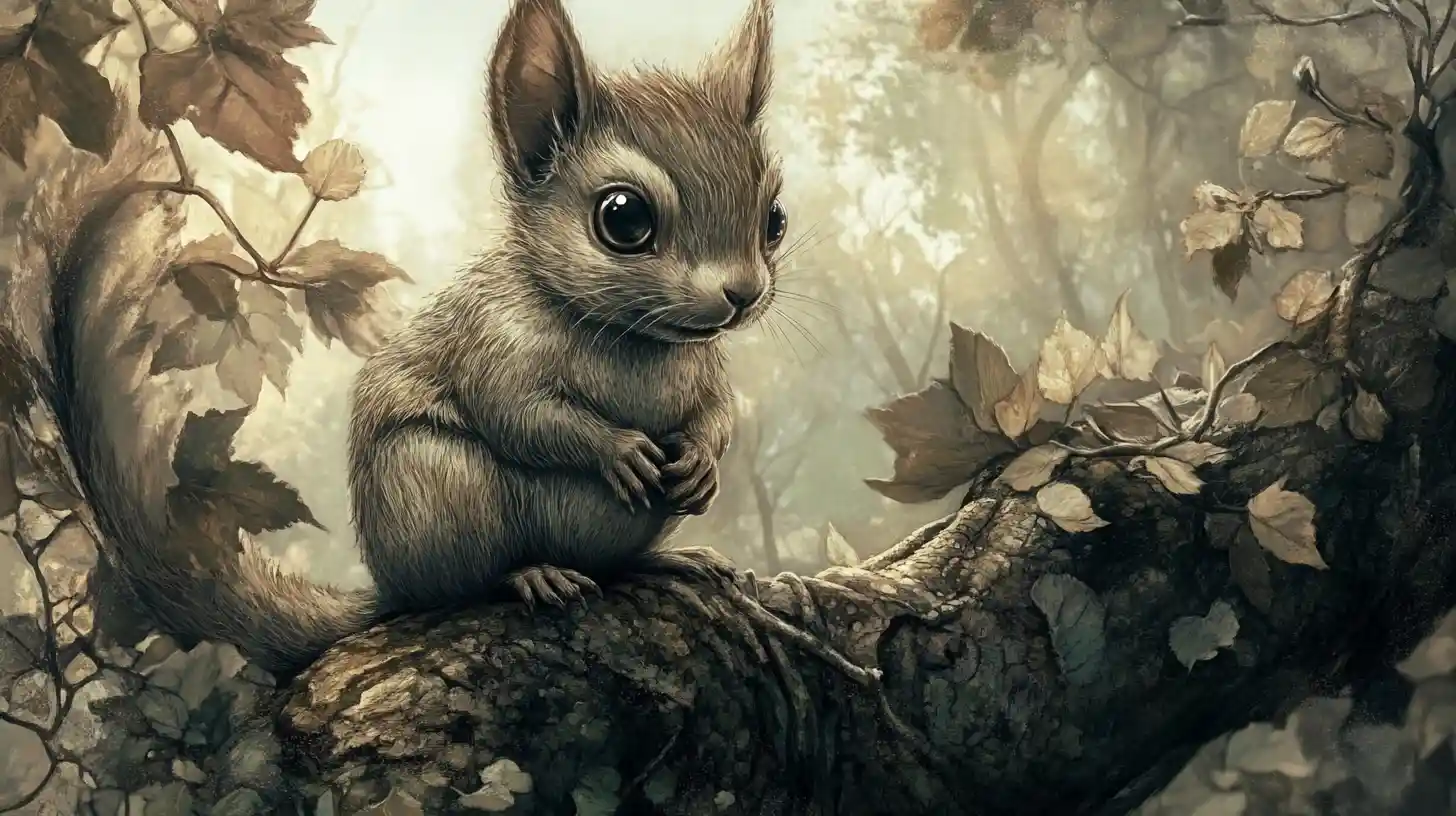 Gothic squirrel illustration on grunge canvas in forest