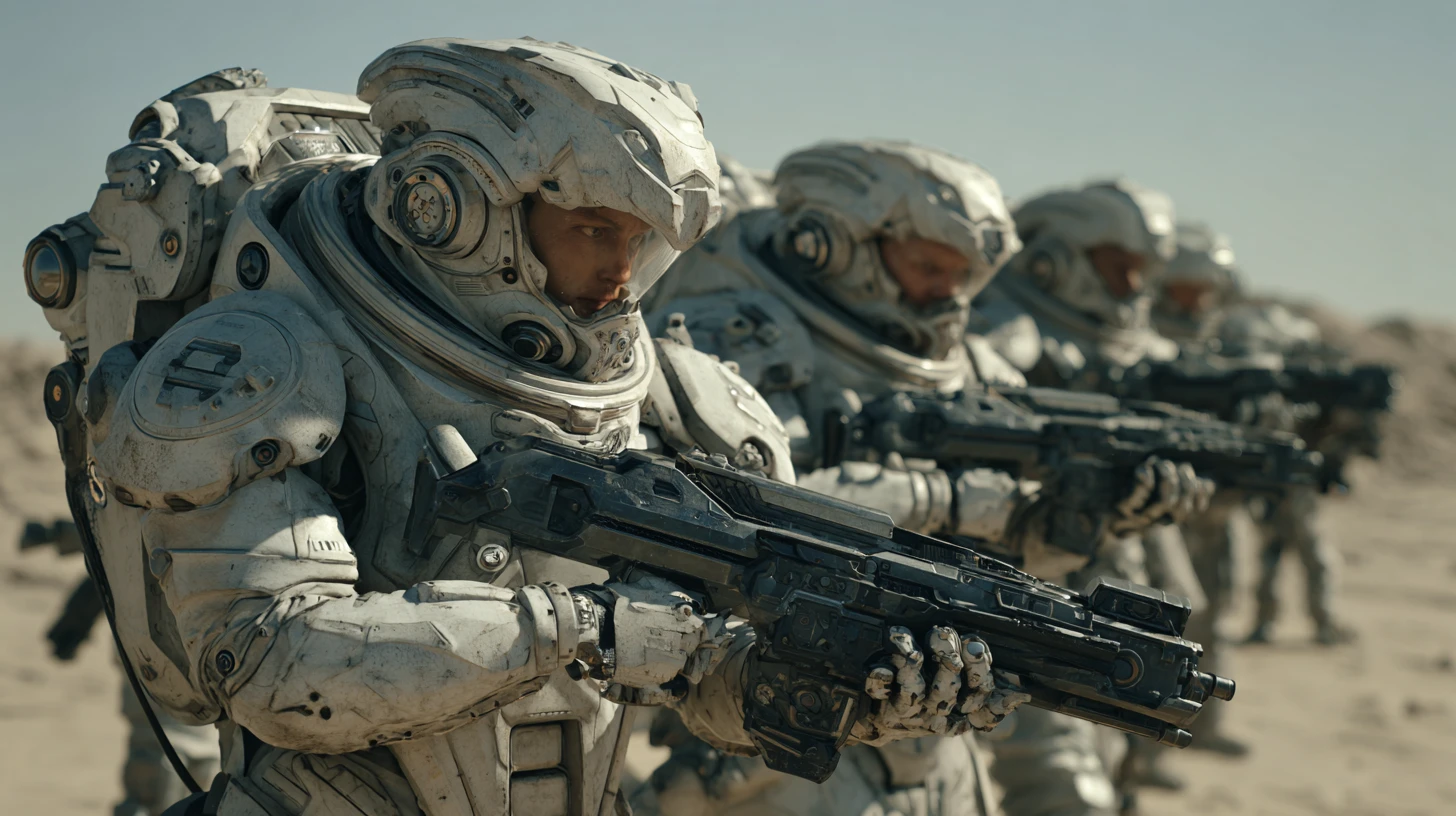 Grupo de fuzileiros futuristas em uma batalha sci‑fi dramática