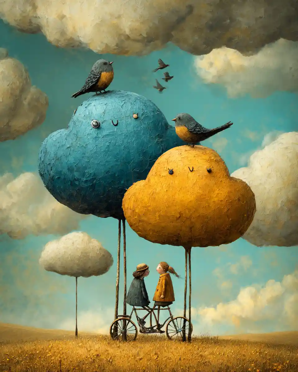 Sunlit sky with joyful people riding soft clouds