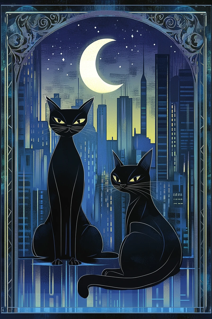 Obsidian-Schwarze Katzen vor mondbeschienener Stadt in Art-Déco-Rahmen