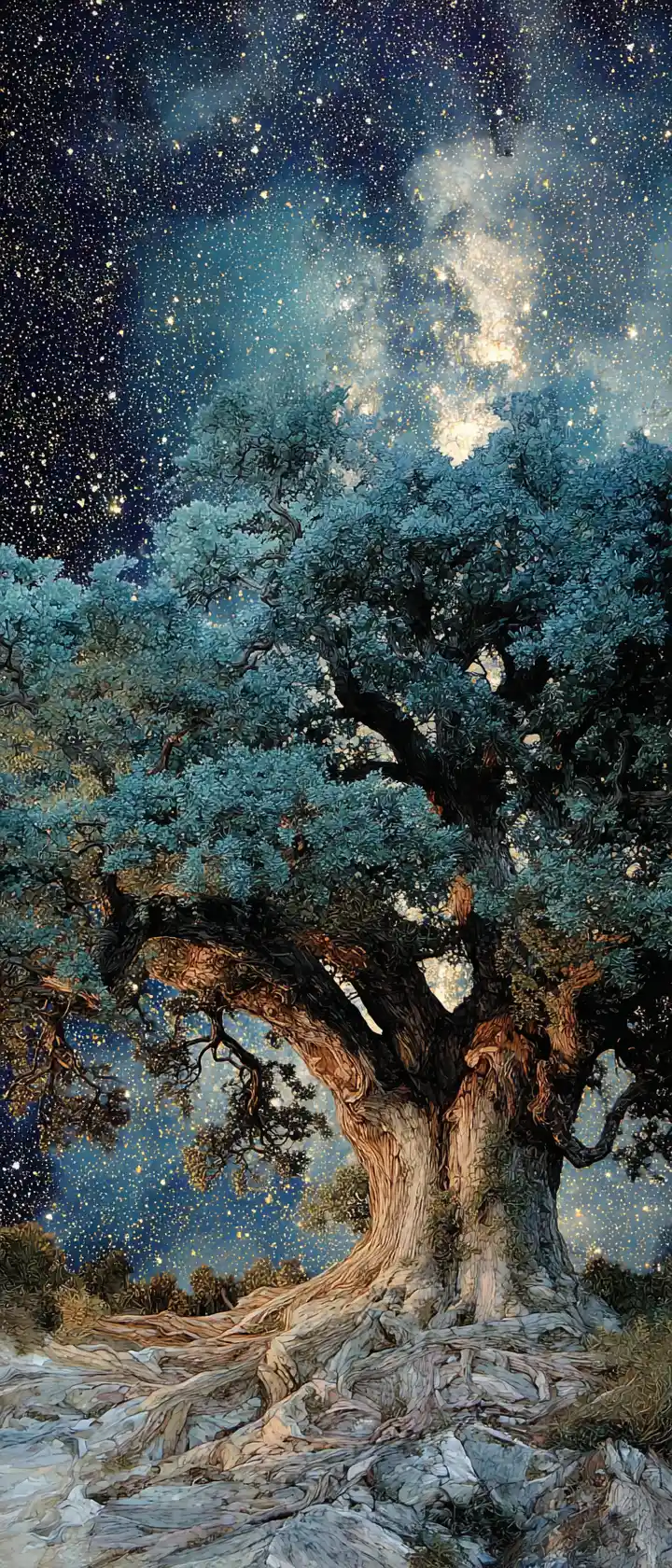 Surreal Oak Tree Merging With Cosmic Human Heart Veins