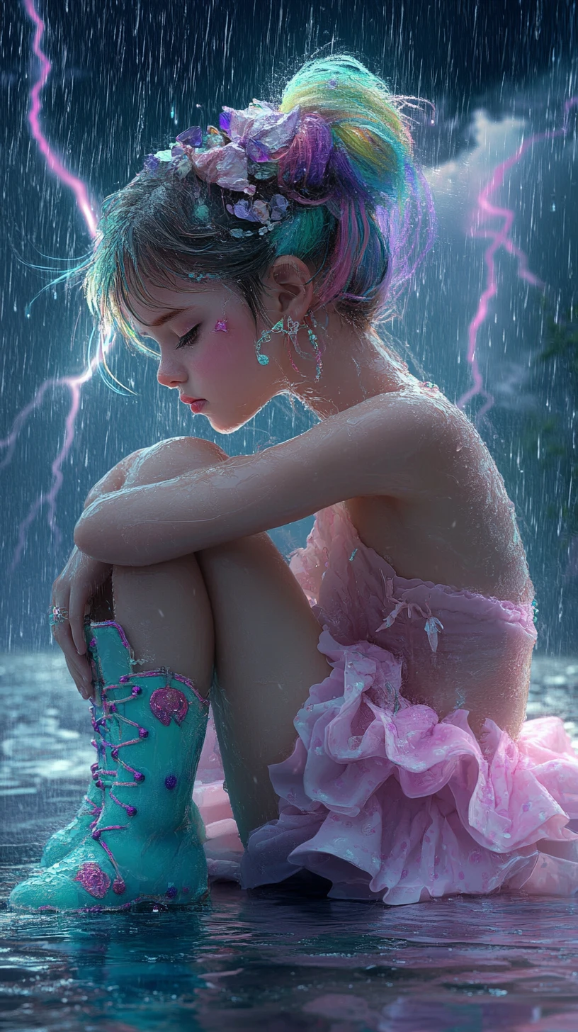 Jeune fille pensive recroquevillée sous la pluie et les nuages d’orage