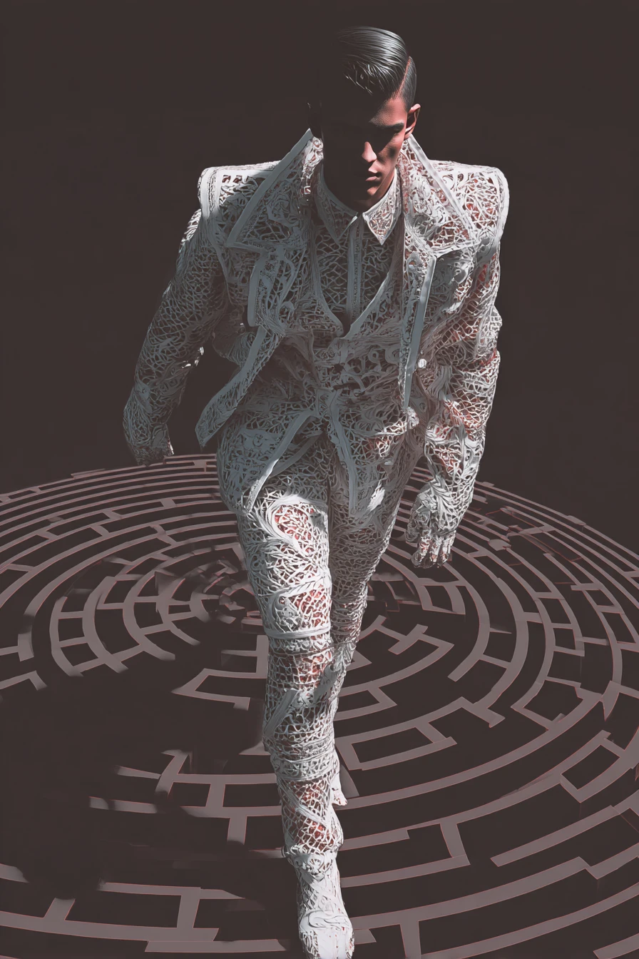 Modelo de moda indiana em labirinto 3D surreal com passarela