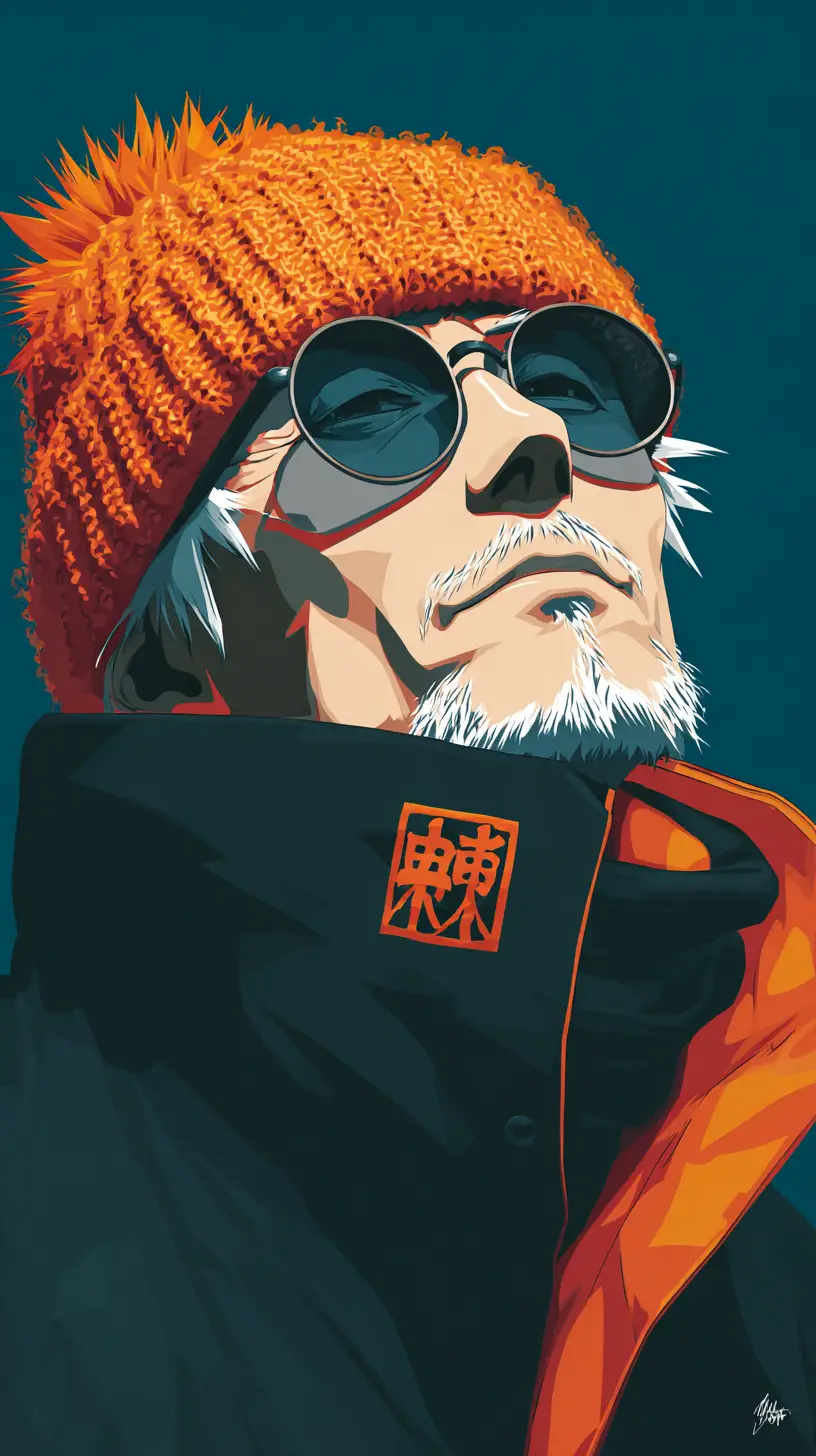 Anime portrait of a calm man in orange beanie