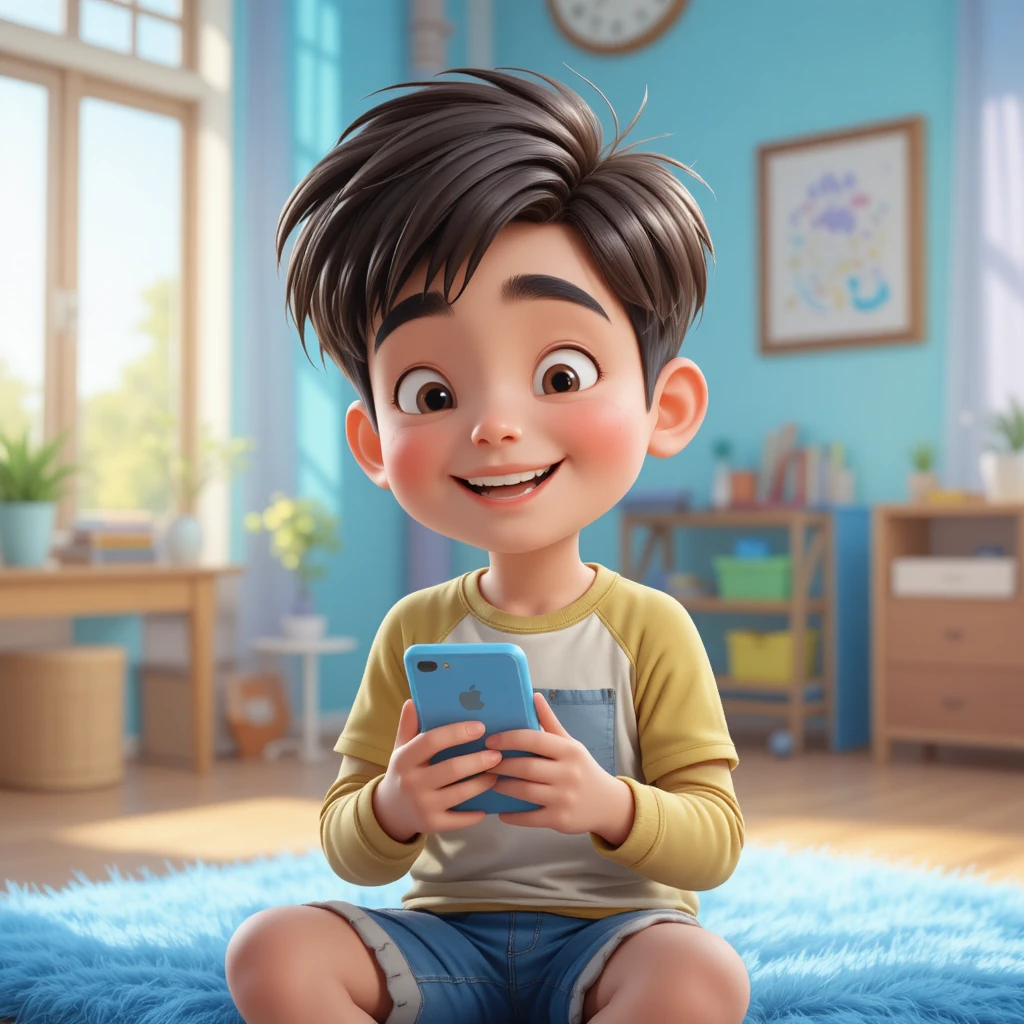 Menino sorridente usando celular em um quarto iluminado