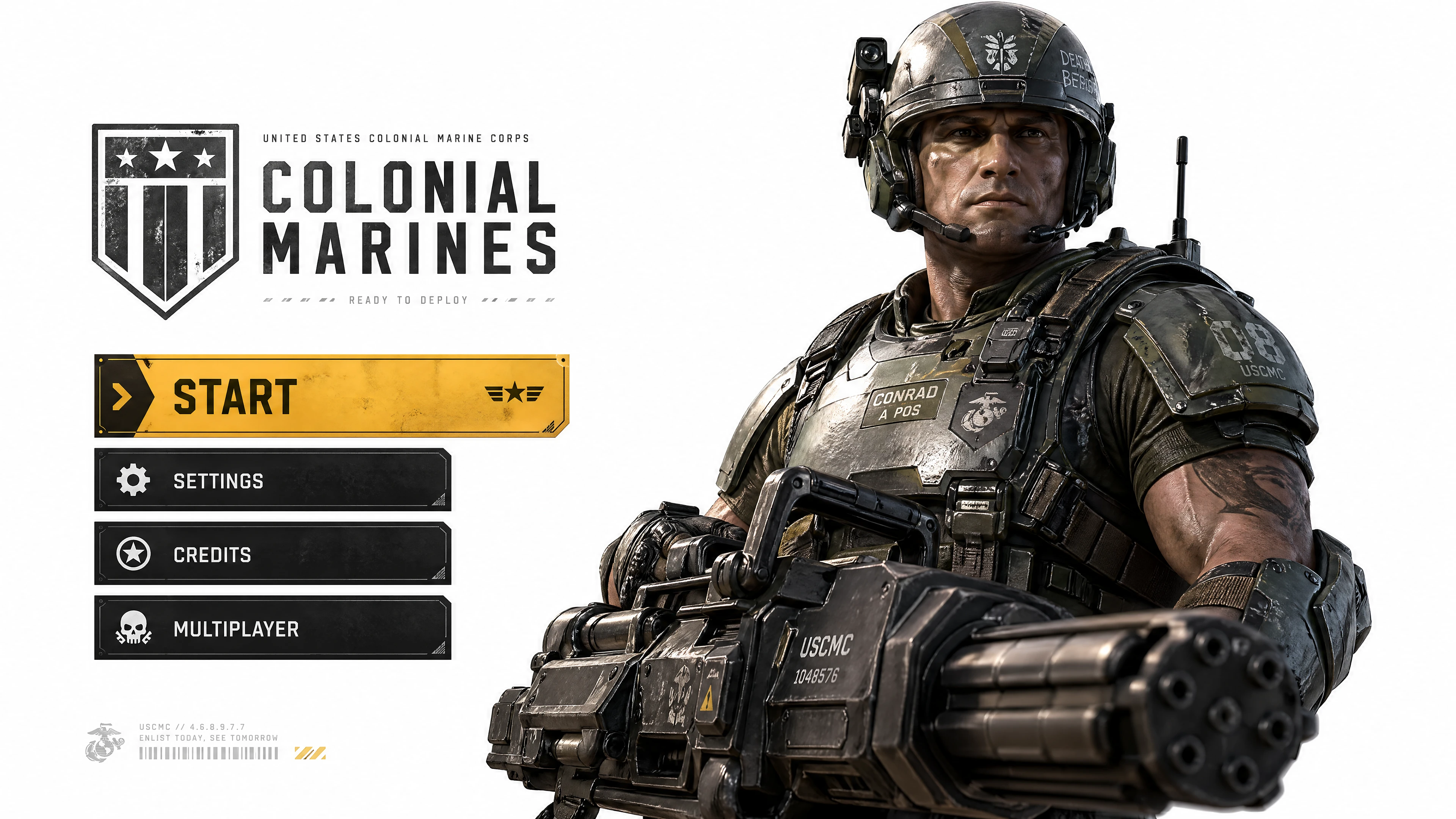 Personagem de jogo fuzileiro colonial 3D com smartgun em fundo branco
