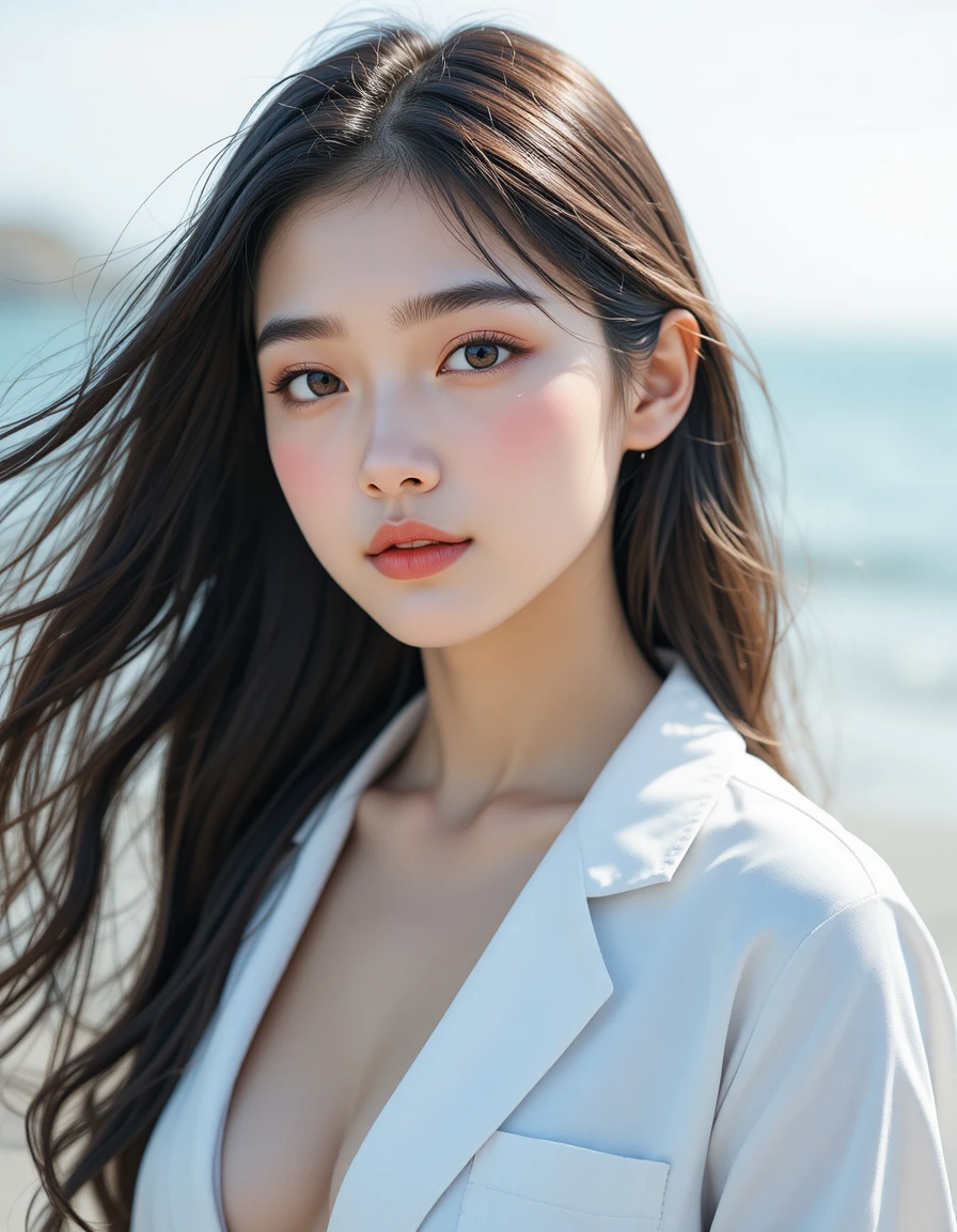 白天海邊戴眼鏡的年輕女子