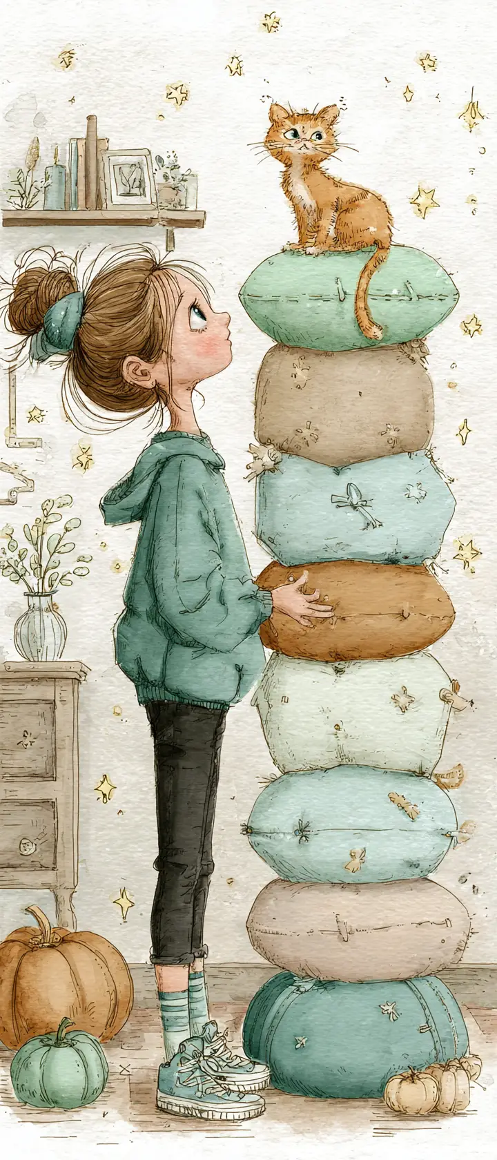 Little Girl Balancing Pastel Pillows With Curious Cat