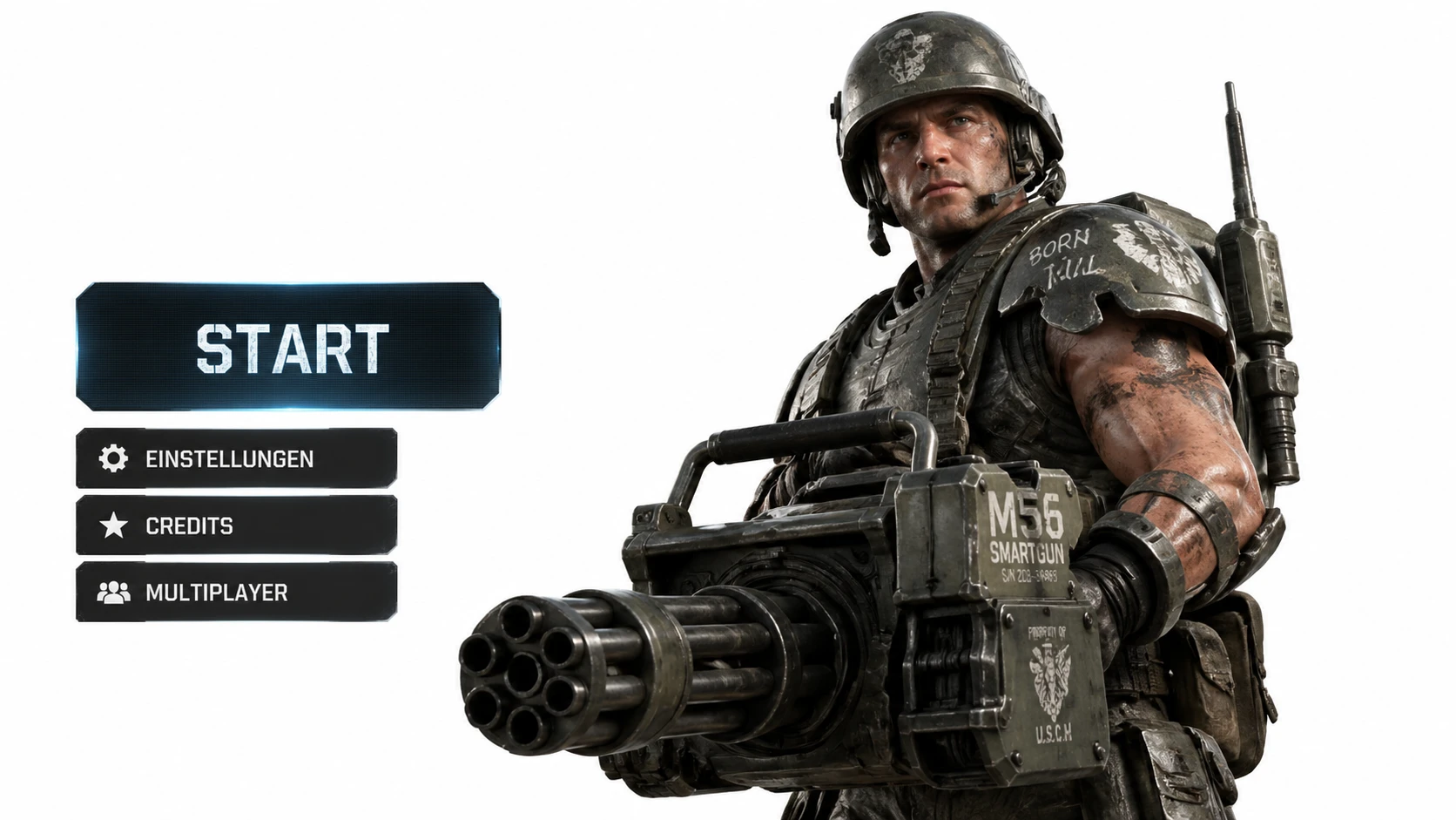 3D Sci-Fi-Marine-Charakter mit Smartgun auf weißem Hintergrund