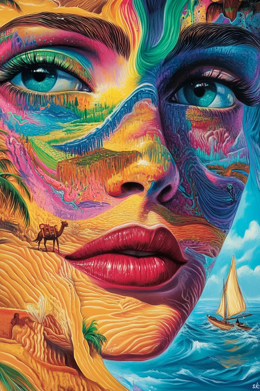 Retrato surreal em close-up de uma mulher como paisagens vivas