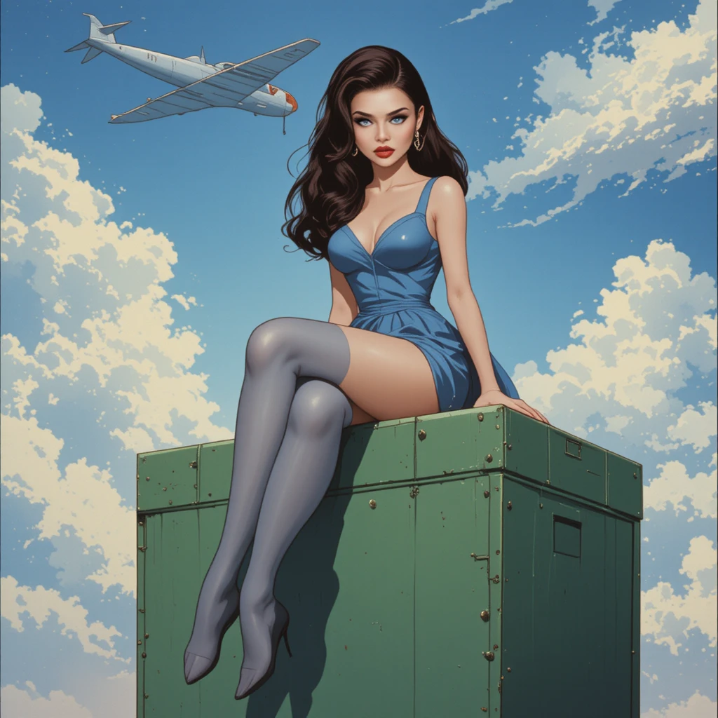 航空機を背景にグリーンボックスに座るレトロなピンナップ女性