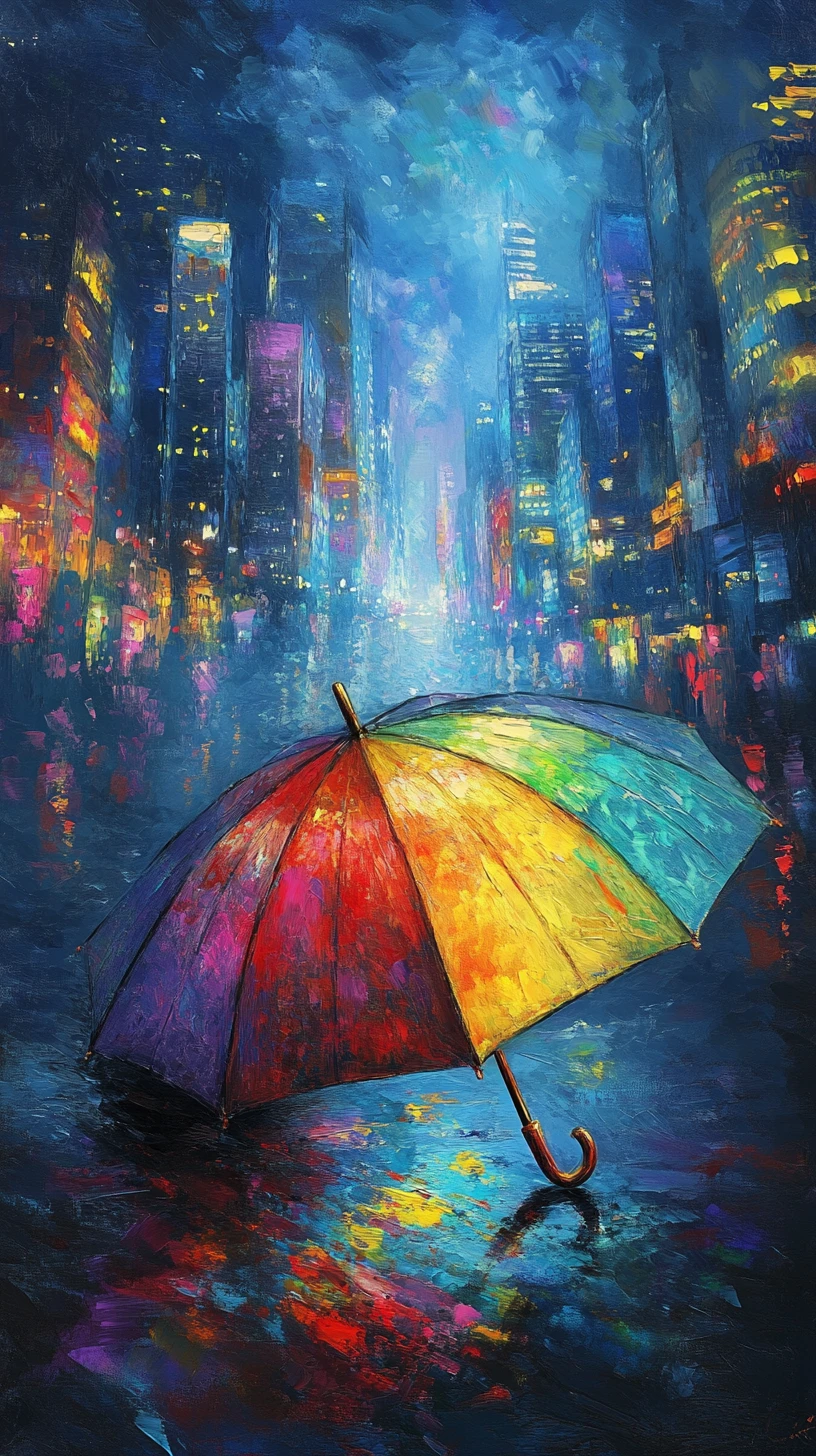 Regenschirm spiegelt eine Regenbogen-Stadtsilhouette zur Goldenen Stunde