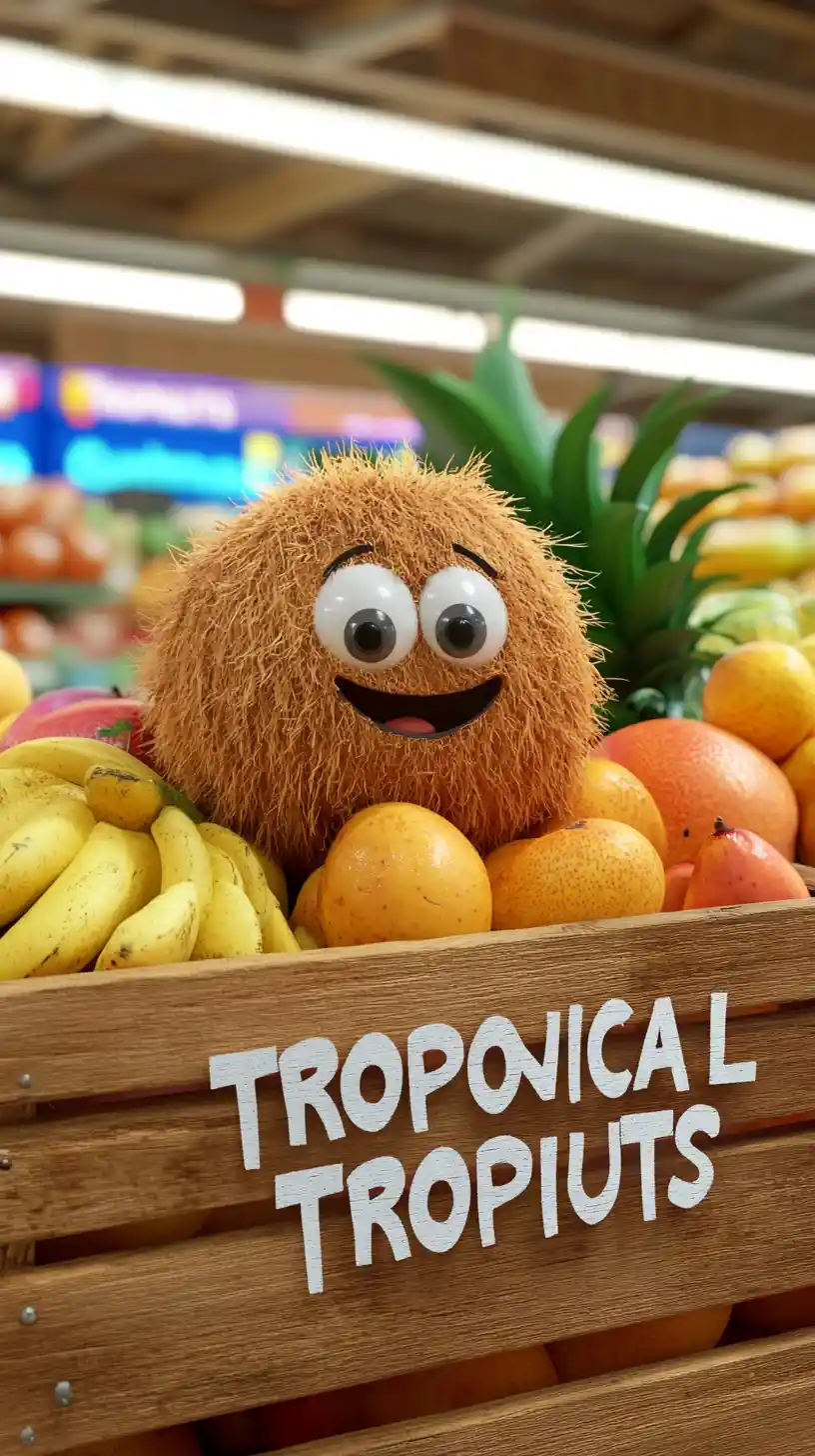 3d tropical fruit characters in a supermarket crate