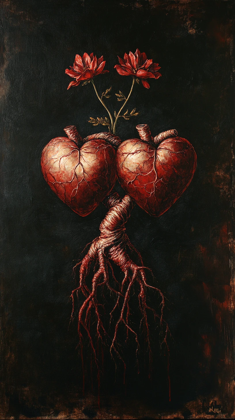Two fused anatomical hearts with braided roots and flowers
