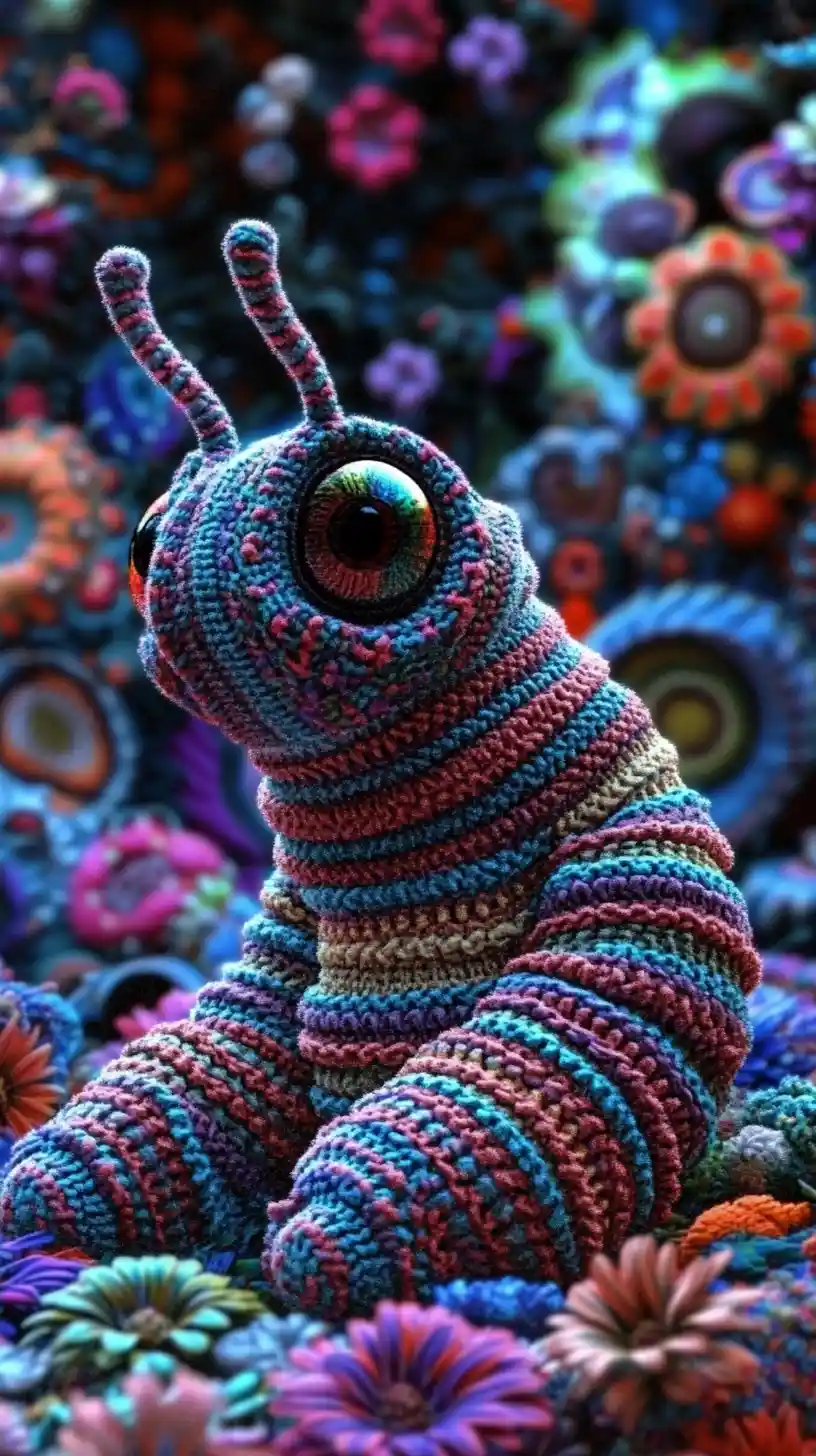 Colorful caterpillar in fuzzy sweater among psychedelic flowers