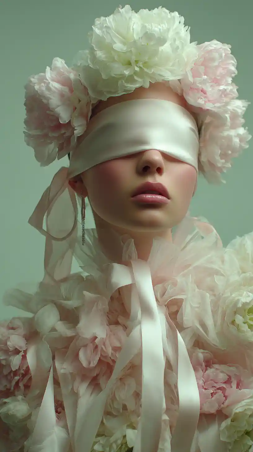 Woman with floral blindfold in couture studio portrait