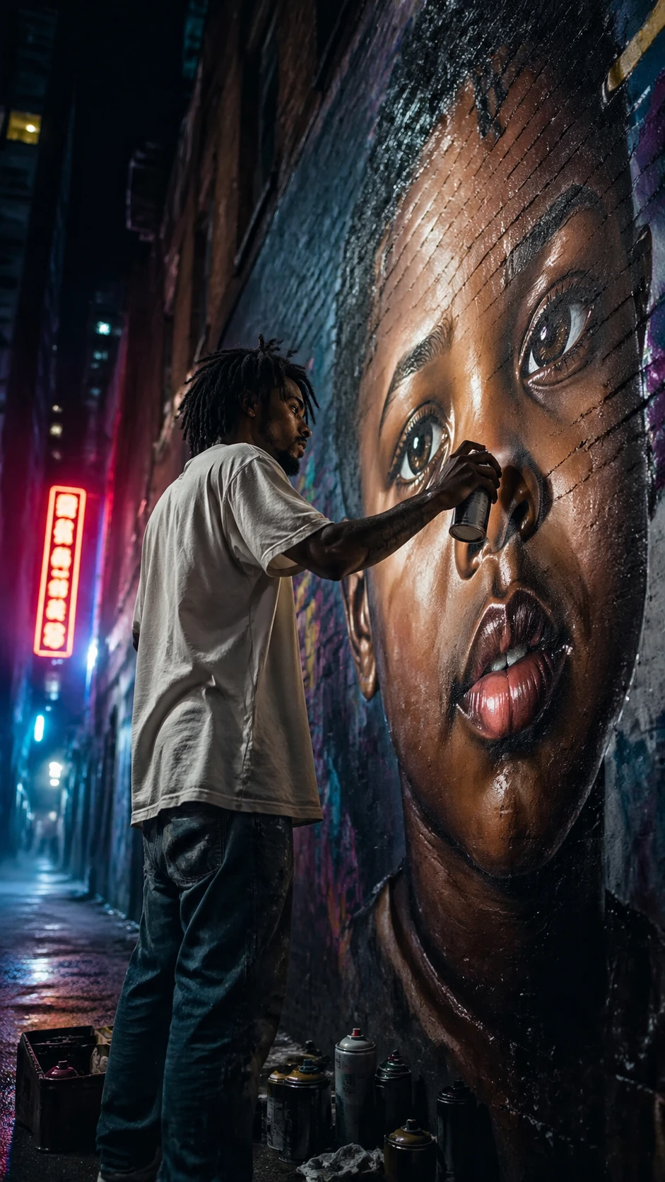 Street artist painting a neon lit mural at night