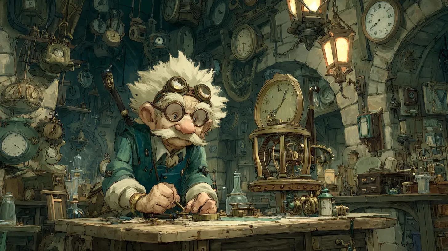 Vieux gnome horloger dans un atelier steampunk encombré