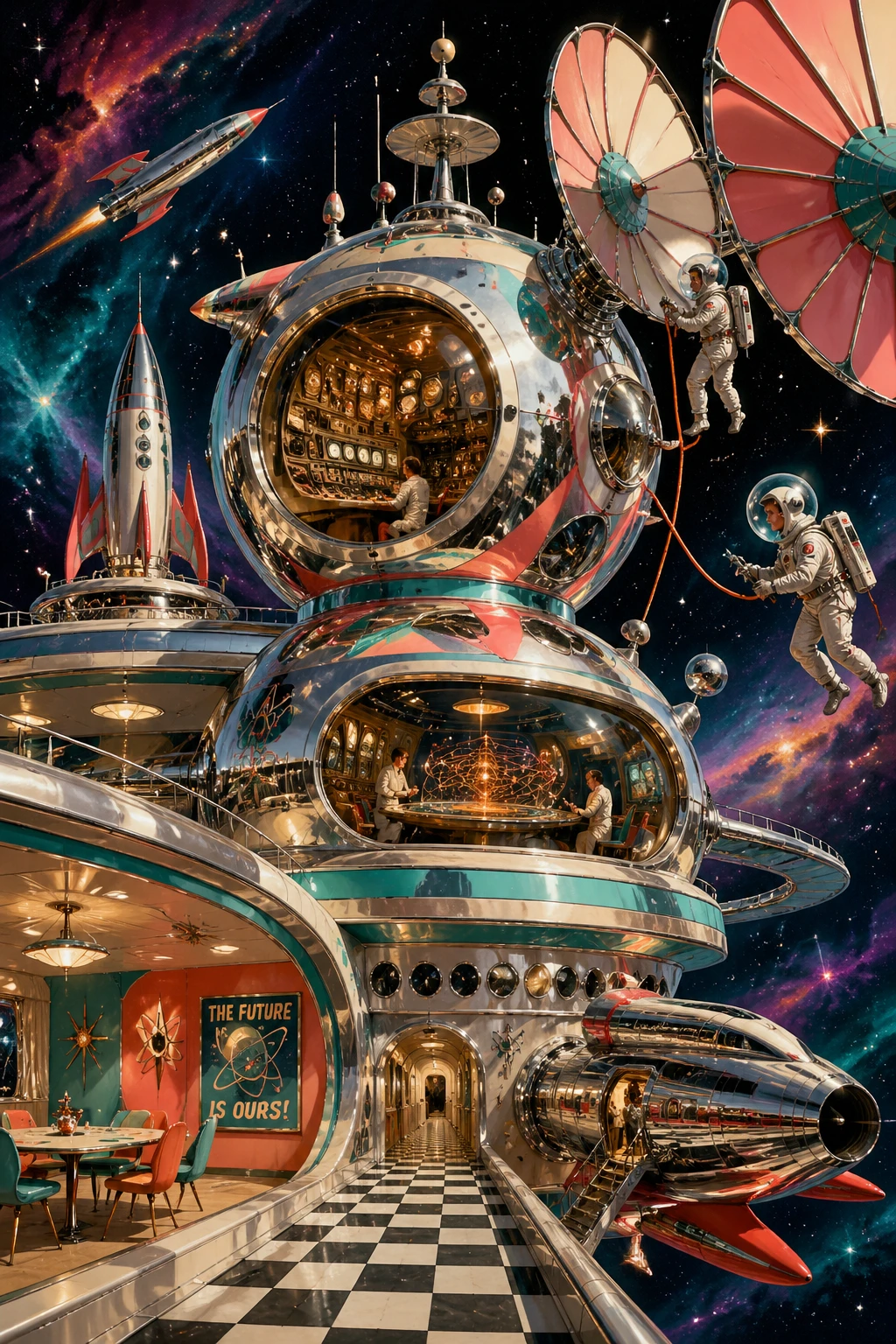 Estação espacial retrofuturista à deriva entre nebulosas coloridas