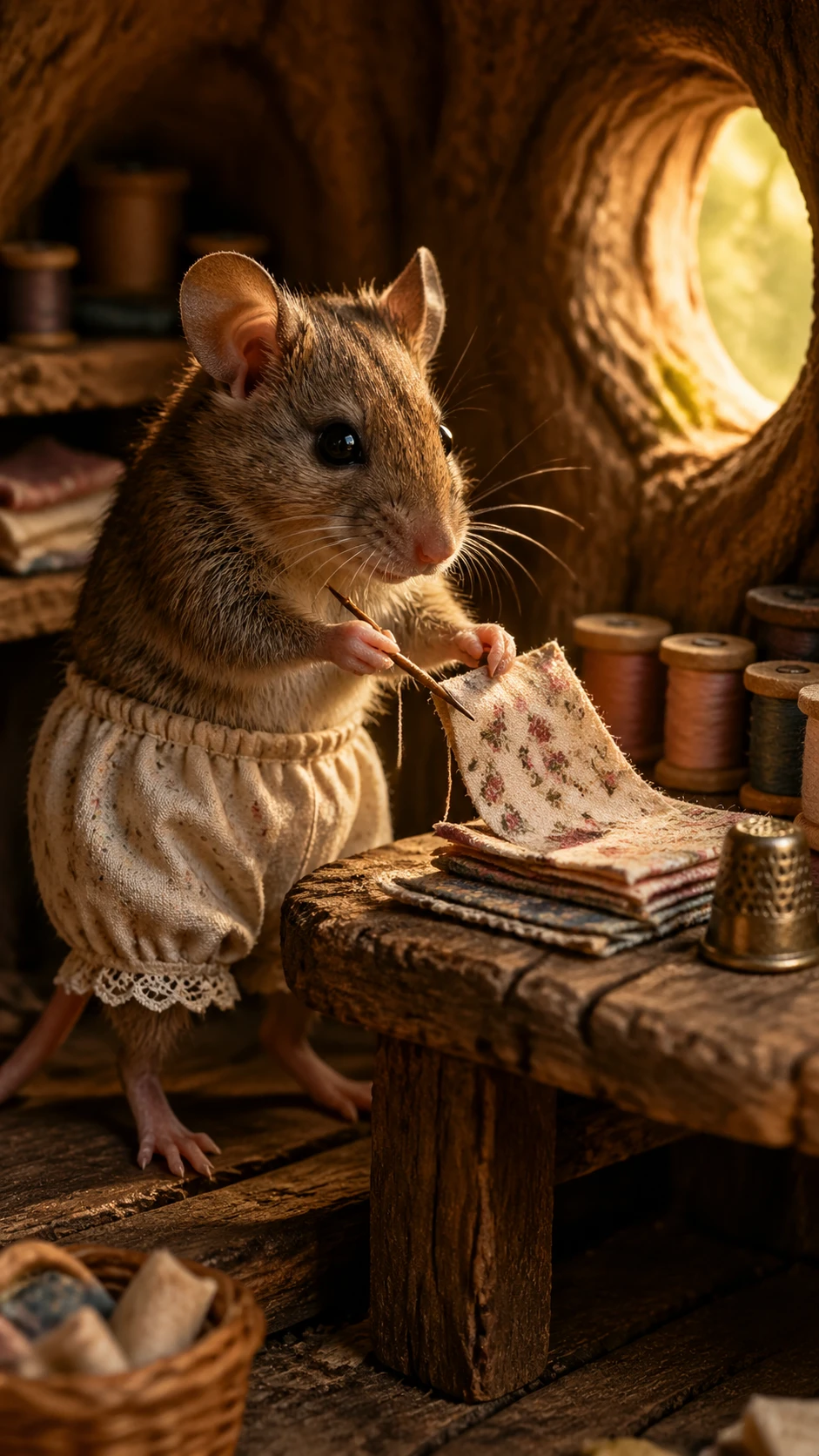 Close aconchegante de um ratinho costurando em uma minúscula bancada de madeira
