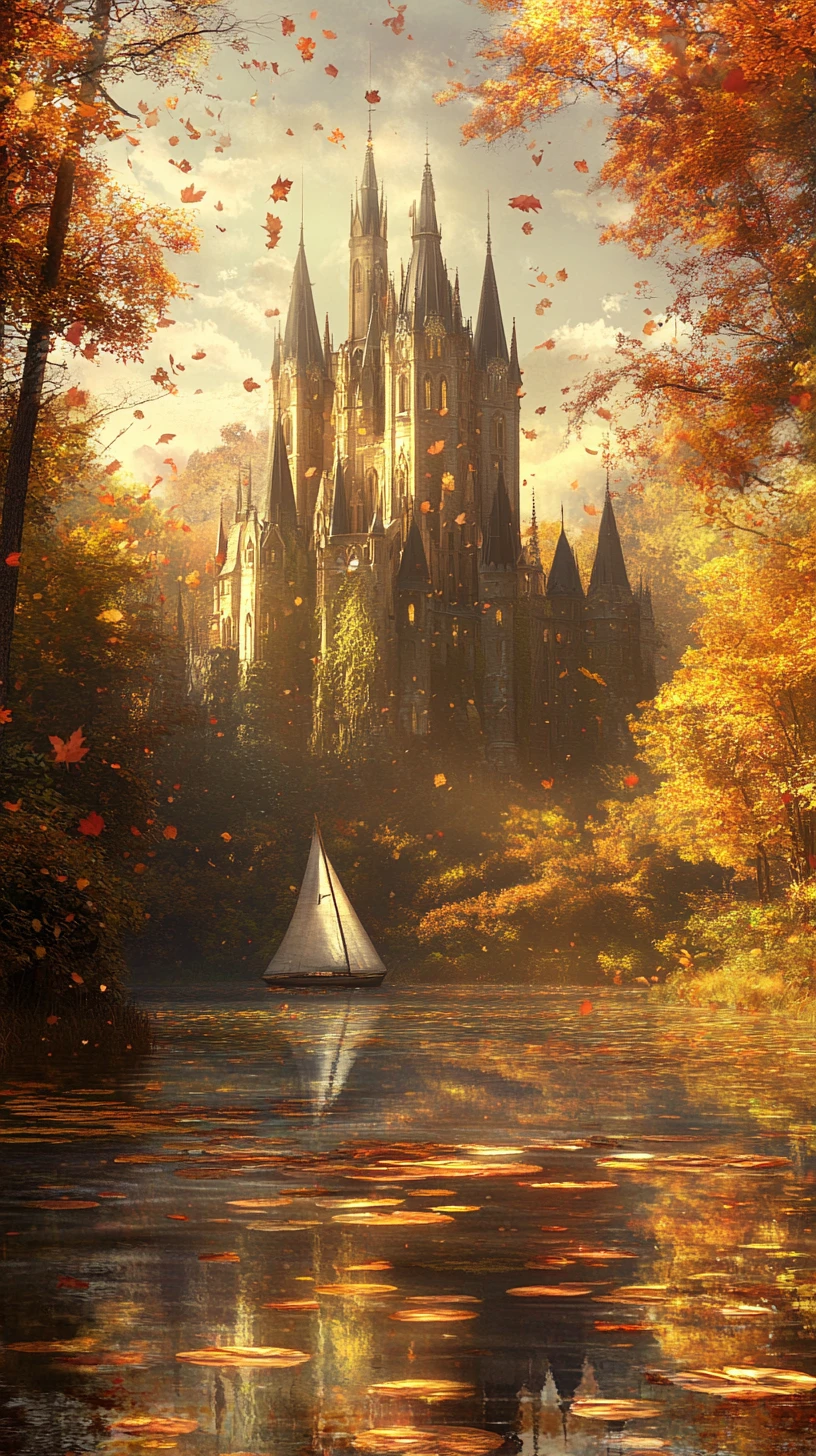 Castelo de conto de fadas à beira de um calmo lago de outono na floresta