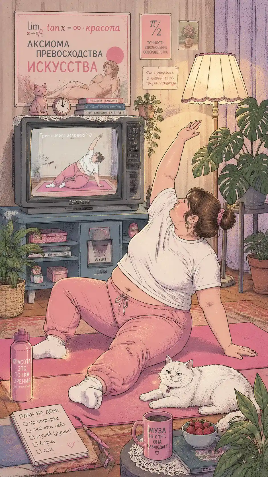 溫馨房間裡在粉紅色瑜珈墊上運動的女子與貓