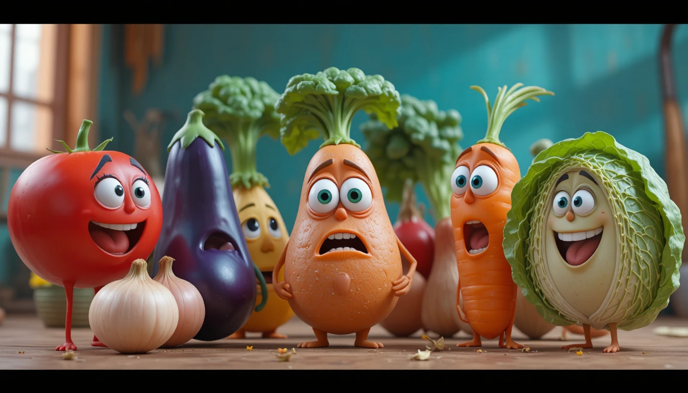 Verdure cartoon che chiacchierano insieme in una scena 3D animata