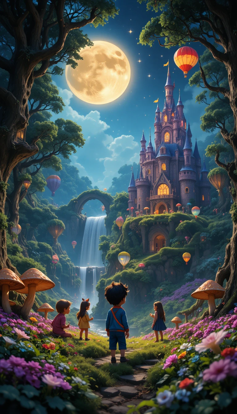 Menino em uma floresta encantada com magia brilhante